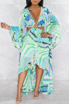 Green Fashion Sexy Not Positioning Printed Hollowed Out Asymmetrical V Neck Long Sleeve Dresses