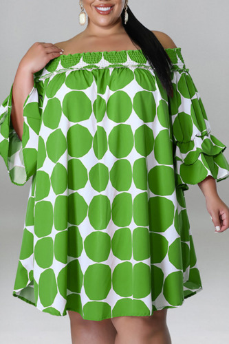Green Casual Print Polka Dot Patchwork Off the Shoulder Plus Size Dresses