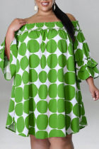 Green Casual Print Polka Dot Split Joint Off the Shoulder Plus Size Dresses