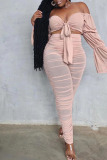 Pink Sexy Solid Bandage Hollowed Out Patchwork See-through Off the Shoulder Plus Size Two Pieces