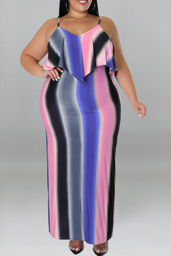 Blue Sexy Striped Print Patchwork Spaghetti Strap Sling Dress Plus Size Dresses