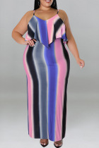 Blue Sexy Striped Print Split Joint Spaghetti Strap Sling Dress Plus Size Dresses