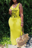 Yellow Casual Print Patchwork U Neck Vest Dress Plus Size Dresses