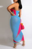Blue Fashion Sexy Solid Bandage Patchwork See-through Backless Halter Sleeveless Dress