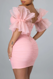 Pink Sexy Solid Mesh Off the Shoulder Pencil Skirt Dresses