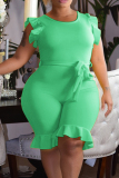 Light Green Casual Solid Patchwork Flounce O Neck Plus Size Jumpsuits
