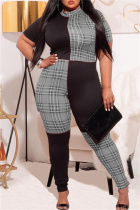 Black Gray Fashion Casual Plaid Print Split Joint Half A Turtleneck Plus Size Jumpsuits