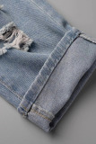 Blue Gray Street Solid Hollowed Out Make Old Patchwork High Waist Denim Jeans