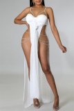 White Fashion Sexy Patchwork Hot Drilling Backless Slit Spaghetti Strap Long Dress