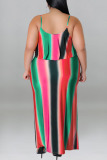 Green Sexy Striped Print Patchwork Spaghetti Strap Sling Dress Plus Size Dresses