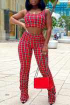 Red Sexy Plaid Patchwork O Neck Sleeveless Two Pieces