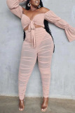 Pink Sexy Solid Bandage Hollowed Out Patchwork See-through Off the Shoulder Plus Size Two Pieces