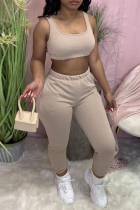 Apricot Casual Sportswear Solid Vests Pants U Neck Sleeveless Two Pieces