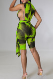 Green Sexy Print Patchwork Zipper Collar Skinny Rompers