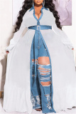 White Fashion Casual Plus Size Patchwork With Belt Turndown Collar Shirt Dress