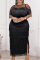 Black Fashion Sexy Plus Size Solid Tassel Patchwork Slit O Neck Evening Dress