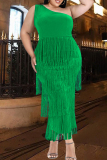 Green Fashion Sexy Plus Size Solid Tassel Patchwork Backless Oblique Collar Evening Dress