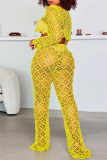 Yellow Fashion Sexy Solid Hollowed Out See-through O Neck Long Sleeve Two Pieces