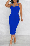 Blue Sexy Solid Hollowed Out Patchwork Backless Slit Spaghetti Strap Sleeveless Dress