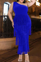 Blue Fashion Sexy Plus Size Solid Tassel Split Joint Backless Oblique Collar Evening Dress