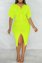 Fluorescent Green Fashion Casual Solid Split Joint Slit V Neck Short Sleeve Dress