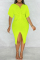 Fluorescent Green Fashion Casual Solid Patchwork Slit V Neck Short Sleeve Dress