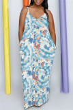 Light Blue Fashion Sexy Print Tie Dye Backless Spaghetti Strap Long Dress