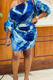 Blue Fashion Print Patchwork One Shoulder Pencil Skirt Dresses