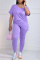 Purple Fashion Casual Solid Slit V Neck Short Sleeve Two Pieces