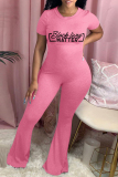 Pink Green Fashion Casual Letter Print Basic O Neck Skinny Jumpsuits
