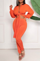 Orange Fashion Casual Solid Bandage Turndown Collar Long Sleeve Two Pieces
