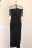 Black Fashion Sexy Plus Size Solid Tassel Patchwork Slit O Neck Evening Dress