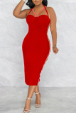 Red Sexy Solid Hollowed Out Patchwork Backless Slit Spaghetti Strap Sleeveless Dress