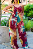Multicolor Fashion Casual Tie Dye Printing Spaghetti Strap Regular Jumpsuits