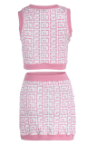 Pink Sexy Print Buckle O Neck Sleeveless Two Pieces