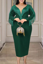 Green Fashion Sexy Solid Tassel Split Joint Slit V Neck Long Sleeve Plus Size Dresses