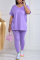 Purple Fashion Casual Solid Slit V Neck Short Sleeve Two Pieces
