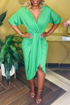 Green Fashion Casual Solid Split Joint V Neck Short Sleeve Dress Dresses