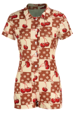 Red Sexy Print Patchwork Turndown Collar Skinny Rompers