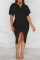 Black Fashion Casual Solid Patchwork Slit V Neck Short Sleeve Dress