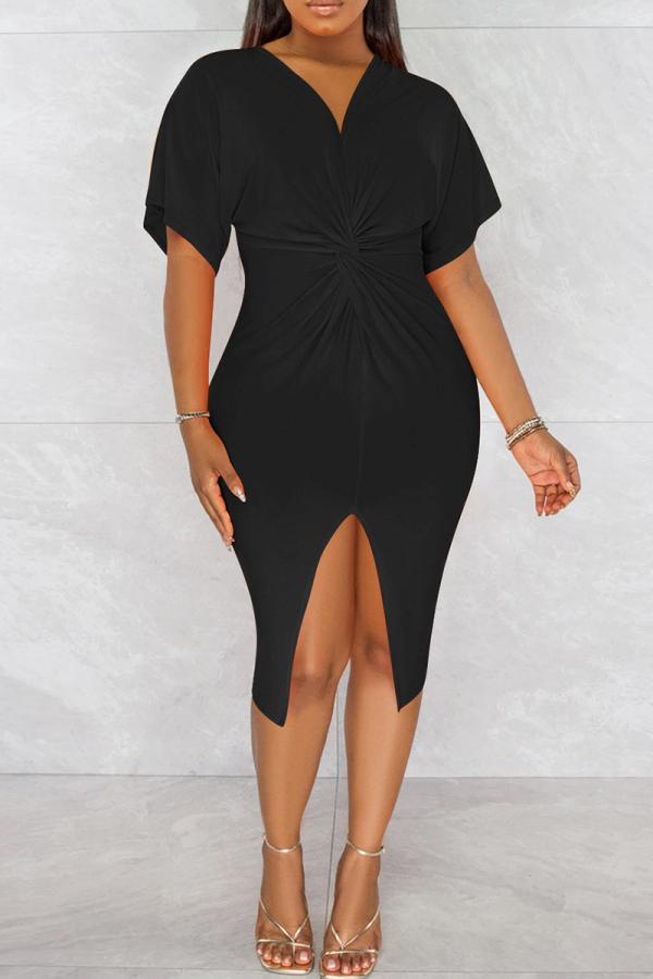 Black Fashion Casual Solid Patchwork Slit V Neck Short Sleeve Dress