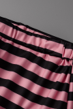 Pink Fashion Striped Patchwork Spaghetti Strap Sleeveless Two Pieces
