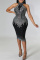 Black Fashion Sexy Patchwork Hot Drill Half A Turtleneck Sleeveless Dress