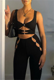 Black Fashion Sexy Solid Hollowed Out V Neck Sleeveless Two Pieces