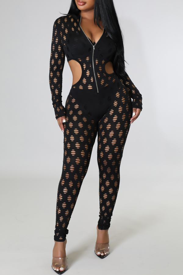 Black Fashion Sexy Solid Ripped Hollowed Out Patchwork Zipper Collar Skinny Jumpsuits