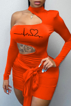 Orange Fashion Sexy Print Hollowed Out Half A Turtleneck Long Sleeve Dresses