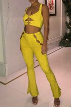 Yellow Fashion Sexy Solid Hollowed Out V Neck Sleeveless Two Pieces