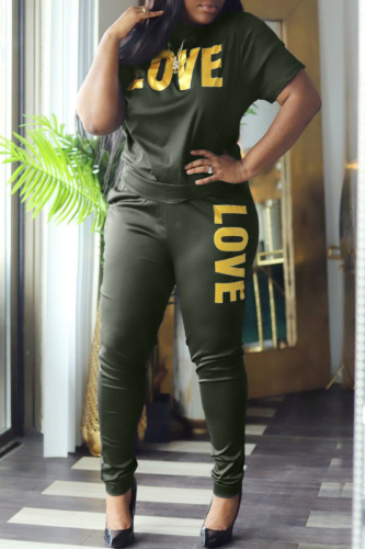 Green Fashion Casual Letter Print Basic O Neck Short Sleeve Two Pieces