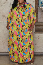 Yellow Fashion Casual Plus Size Print Patchwork Turndown Collar Shirt Dress