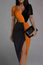 Orange Fashion Sexy Patchwork Slit V Neck Short Sleeve Dress